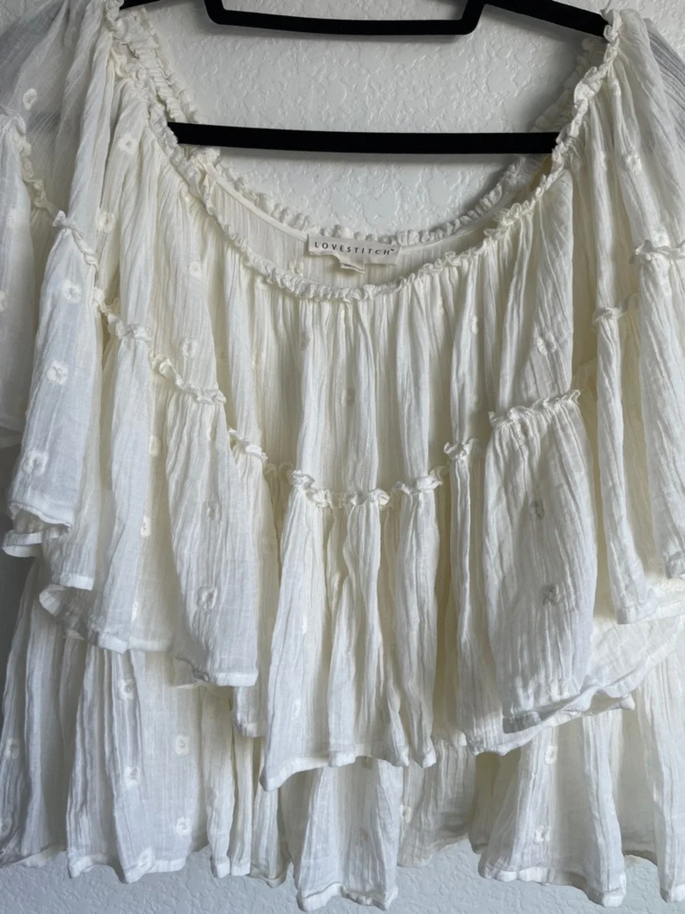 LOVESTITCH Boho Cream Off-Shoulder Ruffle Peasant Blouse • Medium - Picture 3 of 13
